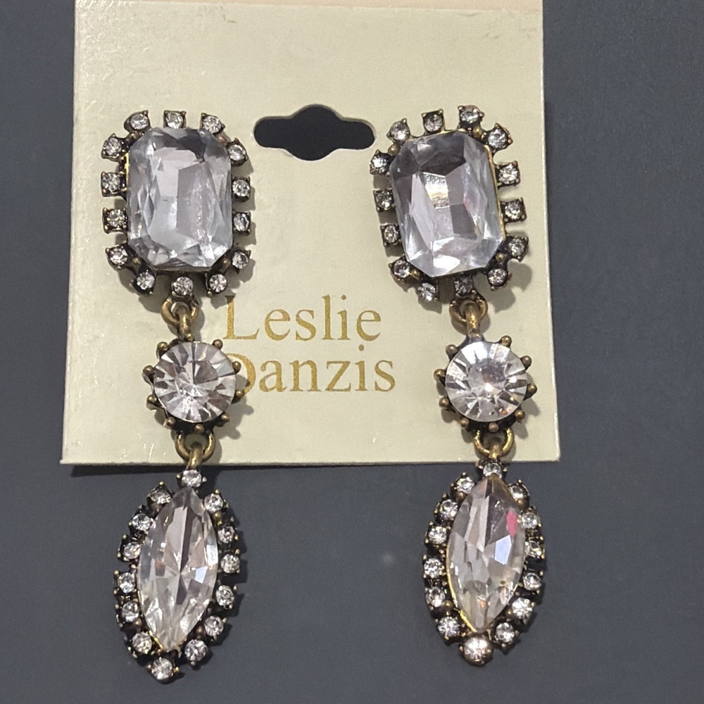 Leslie Danzis Rhinestone Dangle Drop Earrings Post 2"  Drop Gold Tone